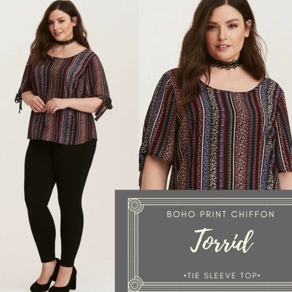 Torrid Boho Print Chiffon Tie Sleeve Blouse Stripe Floral Button Back 2 - Picture 1 of 5